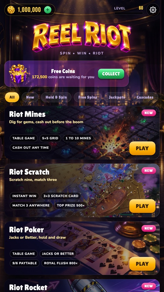 Reel Riot lobby with game cards